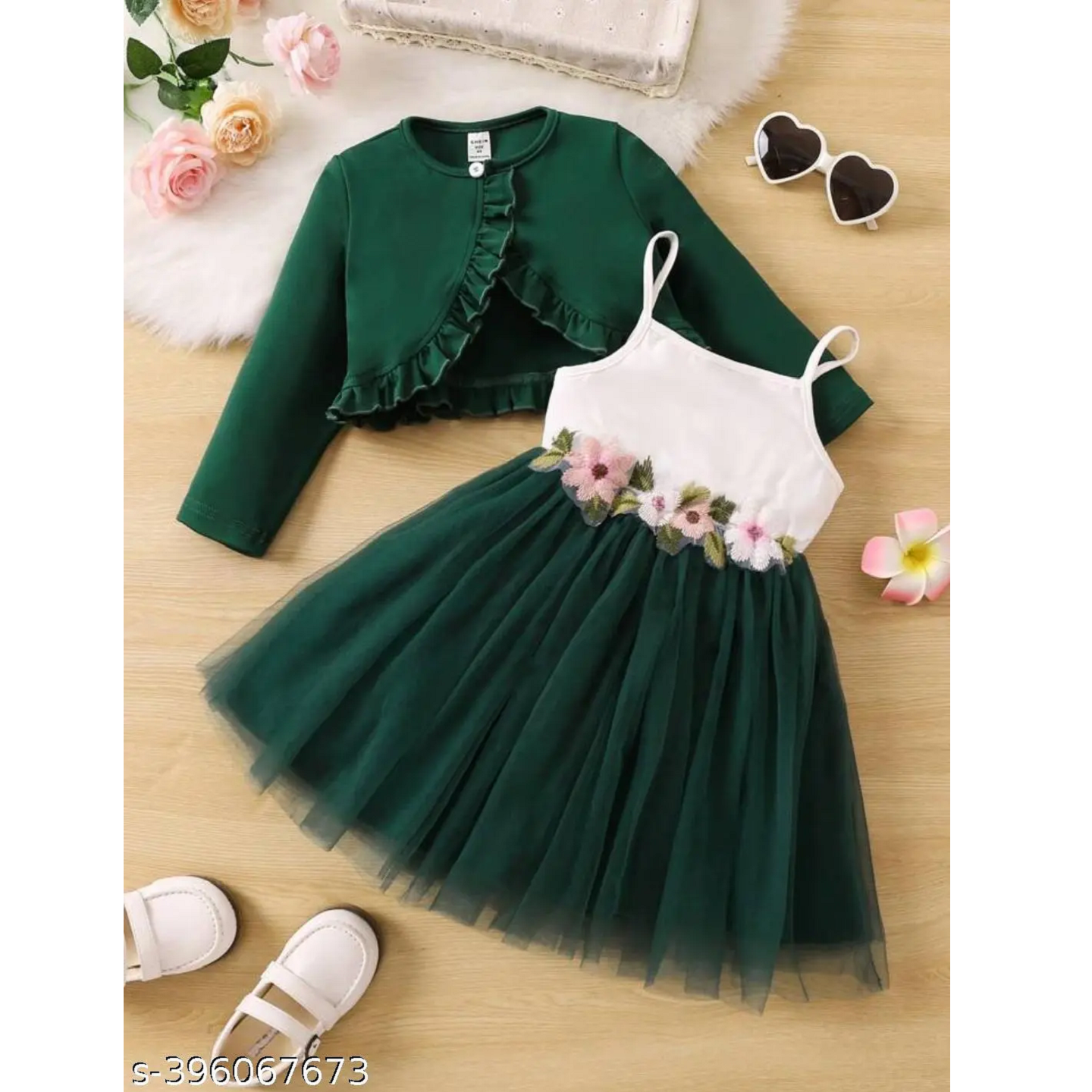 Dark Green Printed Crepe Ruffle Dress